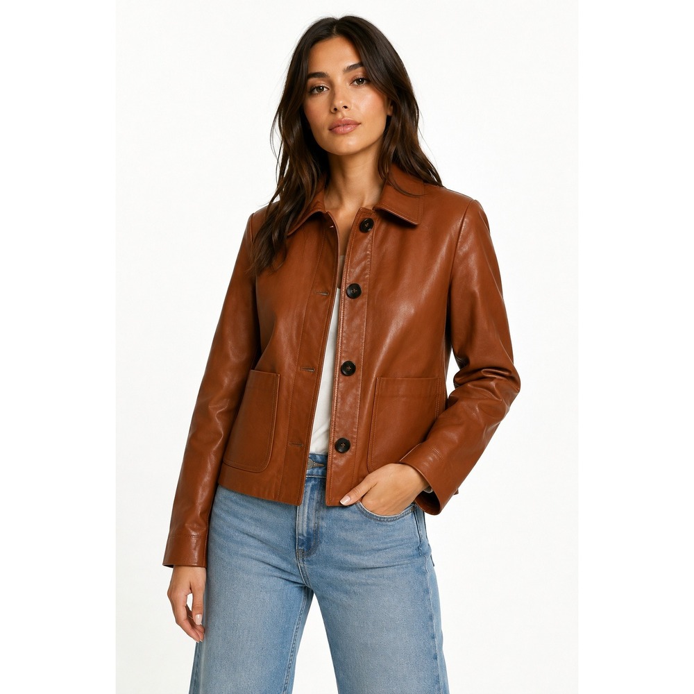 H&M Premium Selection Cognac Brown Genuine Leather Button Front Jacket Womens XS